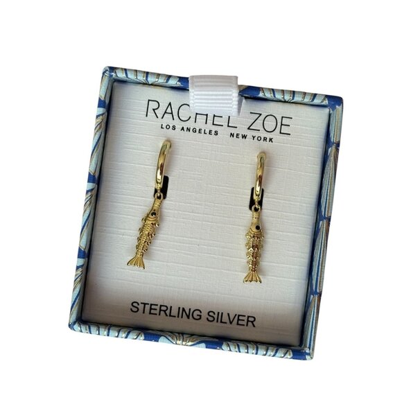 NIB Rachel Zoe Gold Over 925 Sterling Silver Black Eye Sardine Dangle Earrings - Picture 1 of 3